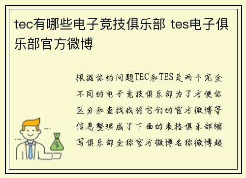tec有哪些电子竞技俱乐部 tes电子俱乐部官方微博