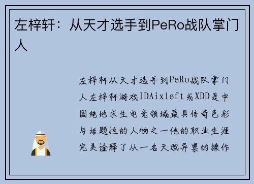 左梓轩：从天才选手到PeRo战队掌门人
